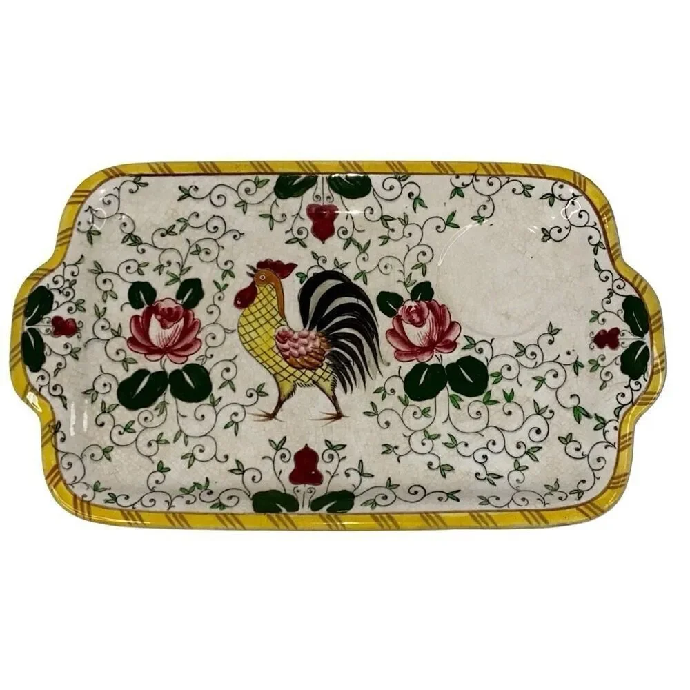 RARE Vintage Early Provincial Rooster and Roses Tray and Coffee Cup Set READ